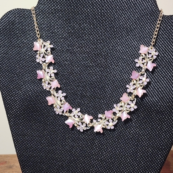 Vintage Pink Purple Thermoset Necklace Gold Tone Necklace Floral Choker 15" - Picture 2 of 7